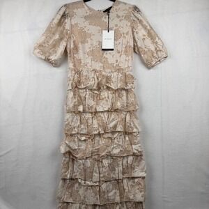 En Saison Floral Lace Ruffle Tiered Midi Dress Puff Sleeve -‎ Size S